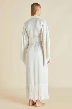 Fashion Amina Ivory Fringed Robein Silk Satin Robes