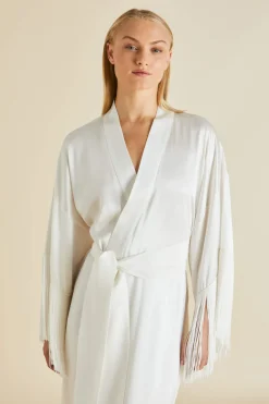 Fashion Amina Ivory Fringed Robein Silk Satin Robes