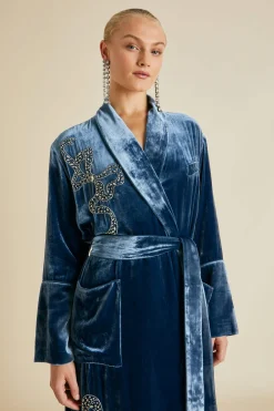 Best Capability Grace Blue Embellished Robein Silk Velvet Robes