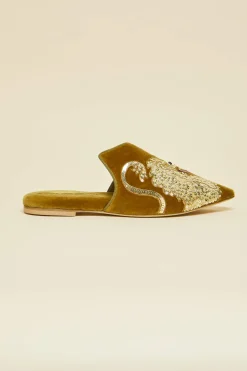 Cheap Contessa August Gold Embellished Slippersin Silk Velvet Slippers