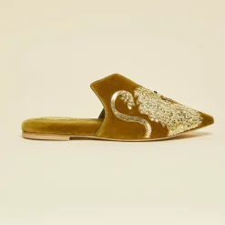 Cheap Contessa August Gold Embellished Slippersin Silk Velvet Slippers