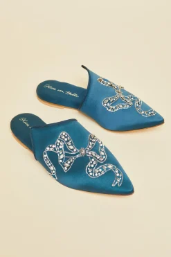Cheap Contessa Grace Blue Embellished Slippersin Silk Satin Slippers