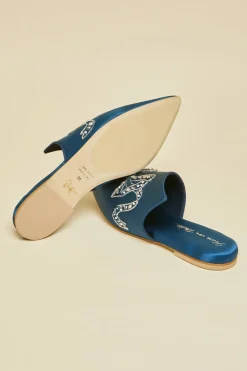 Cheap Contessa Grace Blue Embellished Slippersin Silk Satin Slippers