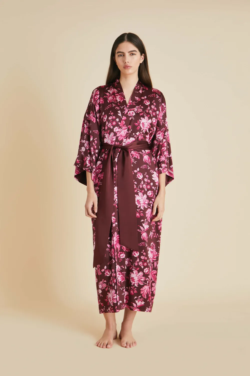 Online Queenie Red Floral Robein Silk Satin Robes