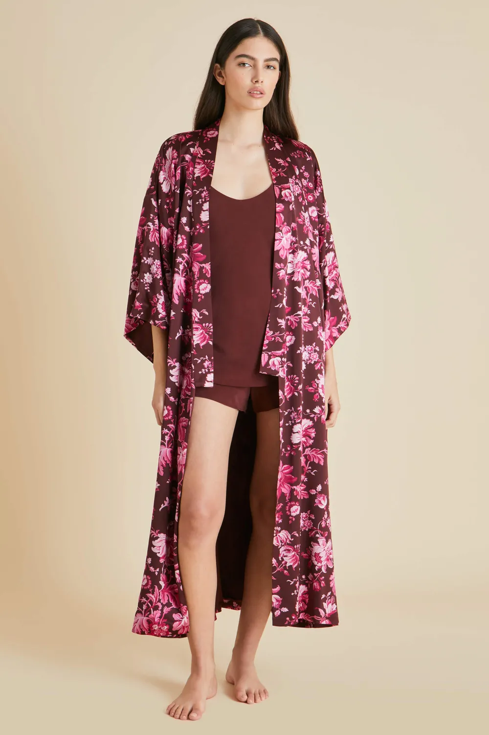 Online Queenie Red Floral Robein Silk Satin Robes