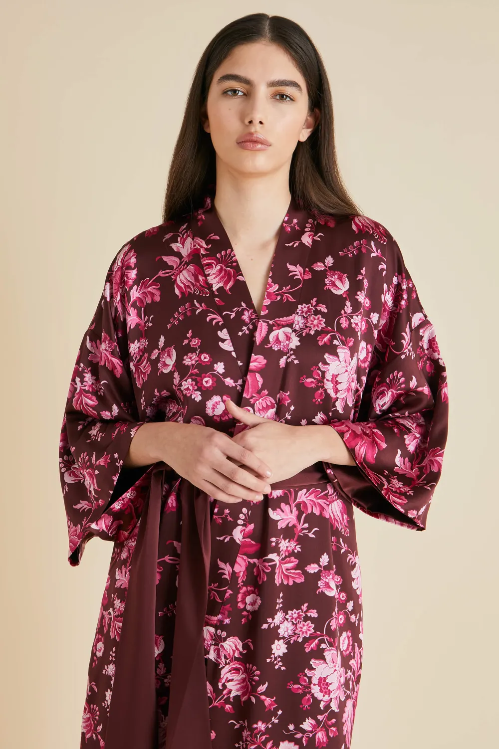 Online Queenie Red Floral Robein Silk Satin Robes