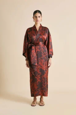 Fashion Queenie Lalanne Burgundy Floral Robein Silk Satin Robes