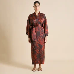 Fashion Queenie Lalanne Burgundy Floral Robein Silk Satin Robes