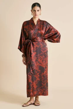 Fashion Queenie Lalanne Burgundy Floral Robein Silk Satin Robes