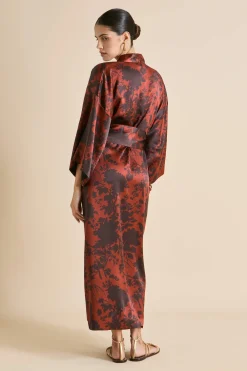 Fashion Queenie Lalanne Burgundy Floral Robein Silk Satin Robes