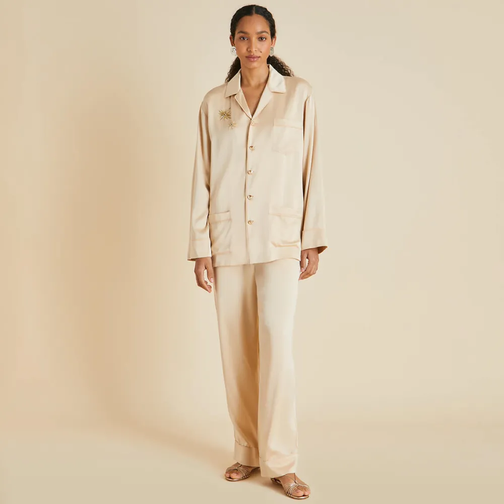 Flash Sale Yves Celestine Caramel Embellished Pajamasin Sandwashed Silk Pajamas