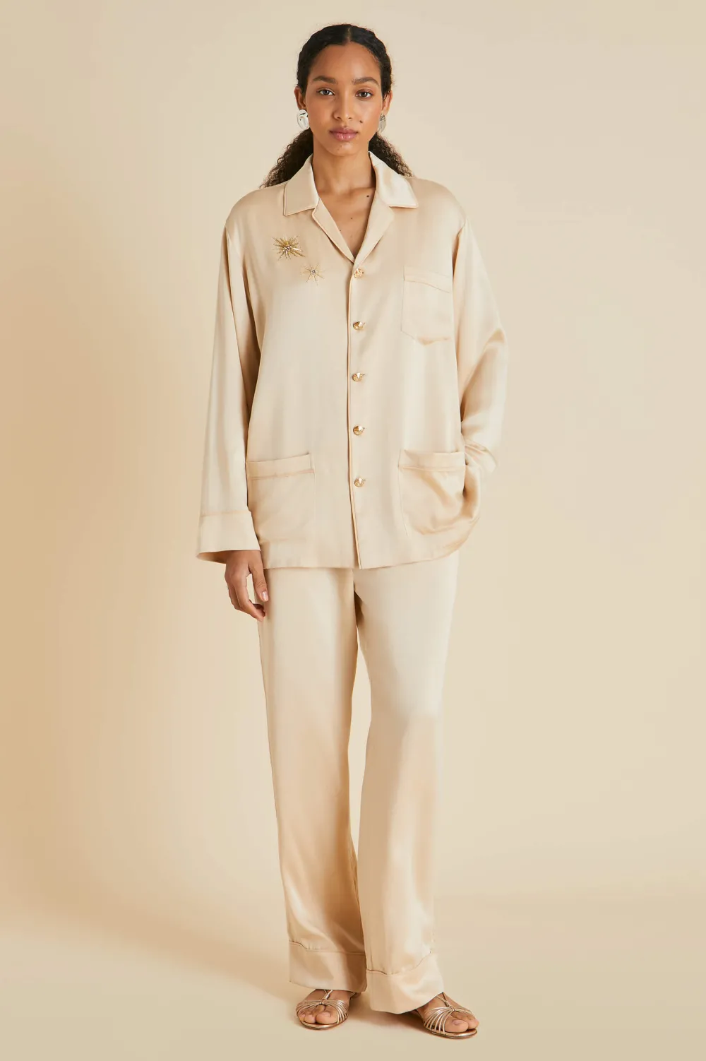Flash Sale Yves Celestine Caramel Embellished Pajamasin Sandwashed Silk Pajamas