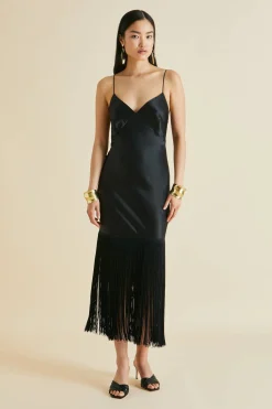Flash Sale Zoya Black Fringed Slip Dressin Silk Satin Dresses